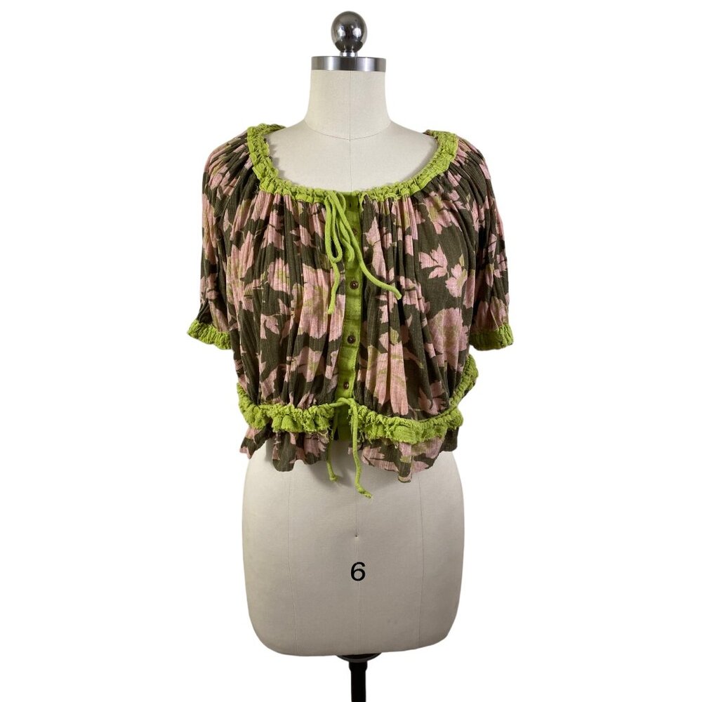 Free People Perfect Day Smock Top Womens XS Green Floral Boho Cottage Fairy